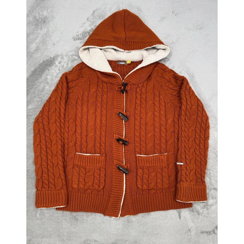 Cabelas Deer Lodge Cardigan Sweater Womens Large Cable Knit Sherpa Hooded Jacket